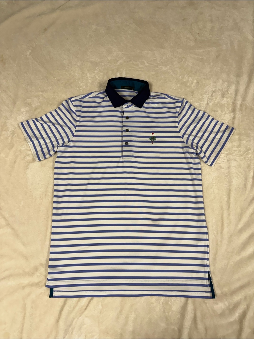 Greyson golf polo, white & light purple stripes, Navy Collar, Merion Golf Club
